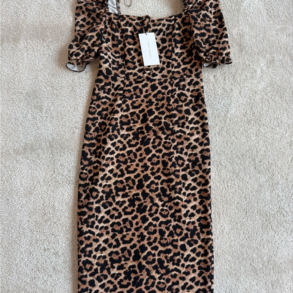 Zara Leopard Print Midi Dress with Puff Sleeves
